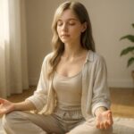 正面を静かに見つめる若い女性。銀金グラデの長い髪が柔らかく波打ち、左手の指先まで自然な動きで表現されている。求心バランスの取れた顔立ちに、淡い頬の火種が宿る。背景は薄いベールのような光で包まれ、空気の層が漂う静謐な印象。