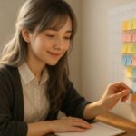 カラフルな付箋を手帳や壁に一枚ずつ貼る若い女性。微笑みながら、継続を「積み木のように可視化」する静かな習慣構築の一瞬。 A young woman places colorful sticky notes on a grid, smiling gently—capturing the poetic moment of visualizing consistency like building blocks.