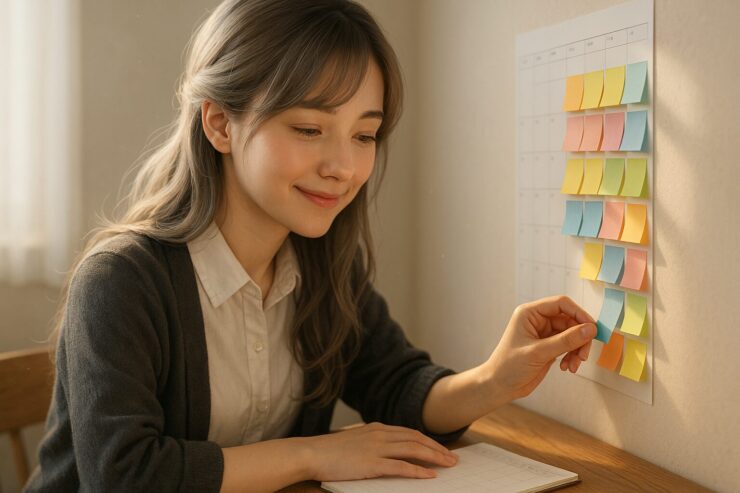 カラフルな付箋を手帳や壁に一枚ずつ貼る若い女性。微笑みながら、継続を「積み木のように可視化」する静かな習慣構築の一瞬。 A young woman places colorful sticky notes on a grid, smiling gently—capturing the poetic moment of visualizing consistency like building blocks.