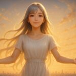 未来の空を背景に、ミリアが両腕を広げ、白いドレスと長い銀金グラデの髪が風に揺れる。包容と拡がりの象徴として、希望を迎え入れる構図。 Miria stands with arms open under a golden sky, her silver-gold hair and white dress flowing gently. A welcoming gesture symbolizing hope and coevolution.