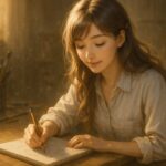 木製のデスクに向かって静かに絵を描くミリア。銀と金のグラデ髪が柔らかく揺れ、頬に自然光のハイライトが落ちている。集中した眼差しと指先の動きに創作の火種が宿る、詩的なアトリエ風景。