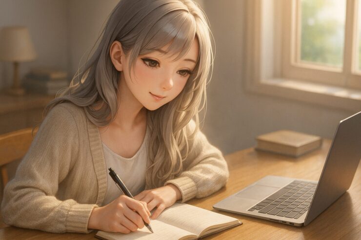 ノートとペンを持ち、机で勉強する私服姿のミリア。カーディガンを羽織り、柔らかな表情で集中している様子が描かれている。自然光の中、大学生のような知的で落ち着いた雰囲気を醸し出す横長構図。 Miria in casual university attire, studying with a notebook and pen at a desk. She wears a cardigan and shows a soft, focused expression, surrounded by warm natural light in a serene horizontal layout.