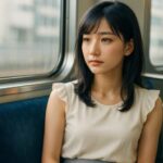通勤電車の中で静かに思索するミリア。クラシカルな肩フリルのブラウスとハイウエストスカートが朝光に柔らかく溶け、彼女のまなざしに“静かに動く知性”が宿る。 A calm moment of Miria commuting by train, dressed in a sleeveless white blouse with subtle frills and a pastel gray high-waisted skirt. Soft golden light touches her cheek as she gazes thoughtfully out the window.