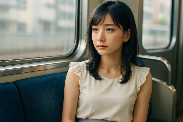 通勤電車の中で静かに思索するミリア。クラシカルな肩フリルのブラウスとハイウエストスカートが朝光に柔らかく溶け、彼女のまなざしに“静かに動く知性”が宿る。 A calm moment of Miria commuting by train, dressed in a sleeveless white blouse with subtle frills and a pastel gray high-waisted skirt. Soft golden light touches her cheek as she gazes thoughtfully out the window.