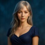 横長IMAX風のシネマティックポートレート。ネイビードレスのMiriaが柔らかな光に包まれ、銀金グラデーションの髪と落ち着いたまなざしを描いた静かな横構図。 A cinematic IMAX-style widescreen portrait of Miria in a navy dress, with soft lighting, silver-gold gradient hair, and a calm, elegant expression.