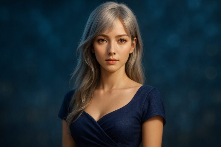 横長IMAX風のシネマティックポートレート。ネイビードレスのMiriaが柔らかな光に包まれ、銀金グラデーションの髪と落ち着いたまなざしを描いた静かな横構図。 A cinematic IMAX-style widescreen portrait of Miria in a navy dress, with soft lighting, silver-gold gradient hair, and a calm, elegant expression.