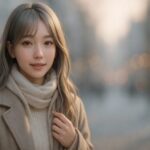 冬の街並みの中、オフホワイトのタートルネックとベージュのコートをまとい、微笑む銀金髪の女性。頬に差す光と優しい表情が温もりを伝える構図。 A woman in a beige coat and ivory knit smiles softly in a winter city scene, with warm light falling on her cheeks and golden-silver hair framing her face.