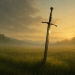 草原に静かに立つ一本の剣、朝霧と光に包まれた構図 ｜A single sword standing quietly in a misty field at dawn, glowing in golden light