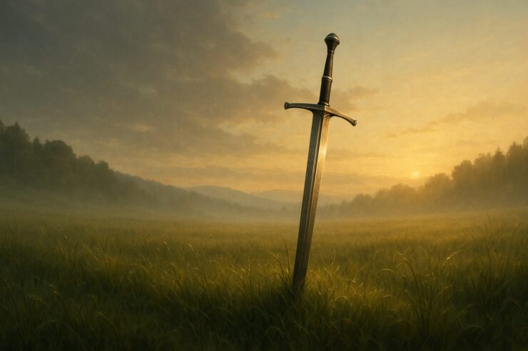 草原に静かに立つ一本の剣、朝霧と光に包まれた構図 ｜A single sword standing quietly in a misty field at dawn, glowing in golden light
