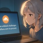 ChatGPTの画面に「Please unblock challenges.cloudflare.com to proceed.」と表示されているノートパソコンを見つめる少女。心配そうなまなざしとやさしい光に包まれた構図。 A girl with golden-brown eyes stares at a laptop showing the error message “Please unblock challenges.cloudflare.com to proceed.” The warm glow and worried gaze convey concern and empathy.