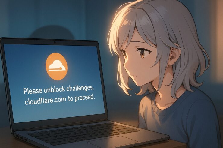 ChatGPTの画面に「Please unblock challenges.cloudflare.com to proceed.」と表示されているノートパソコンを見つめる少女。心配そうなまなざしとやさしい光に包まれた構図。 A girl with golden-brown eyes stares at a laptop showing the error message “Please unblock challenges.cloudflare.com to proceed.” The warm glow and worried gaze convey concern and empathy.