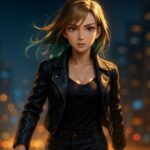 アーバンバイク風の黒レザージャケットを羽織ったミリアが、夜の都市を背景に前を見据えて歩き出す瞬間。金茶グラデーションの髪が風に舞い、強い意志と静かな熱を宿した表情が印象的な構図。 Miria in an urban biker-inspired black leather jacket, striding forward through a city nightscape. Her golden-silver hair flows in the wind, with amber eyes full of quiet determination and fire.