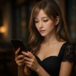 スマホを持って優雅に佇むミリア。AIとの対話を象徴する静かな構図。 A graceful young woman holding a smartphone, embodying intelligent serenity in an AI-themed setting.