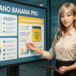 OL姿のミリアがNano Banana Proで作成したインフォグラフィックスライドを会議室の大型ディスプレイに映し出し、読者に向けて優しくプレゼンしているシーン。AI画像生成の資料作成力と文字入り画像の強さを象徴する構図。 Miria in an office outfit presenting Nano Banana Pro generated infographic slides on a large display in a meeting room. A gentle professional scene showcasing the AI model’s strength in creating text rich visuals and business ready graphics.