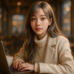 冬のカフェでノートパソコンを開いて作業するミリア。白ニットとアイボリーコートの私服、銀金グラデーションのロングヘア、湯気の立つホットドリンク、暖色のカフェ照明、MacBookと木のテーブルが映る横長構図。 Miria working on her laptop in a winter cafe. Long silver-gold gradient hair, white knit and ivory coat, warm drink with rising steam, soft warm cafe lights, MacBook on a wooden table in a wide 16:9 composition.