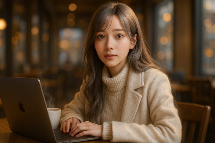 冬のカフェでノートパソコンを開いて作業するミリア。白ニットとアイボリーコートの私服、銀金グラデーションのロングヘア、湯気の立つホットドリンク、暖色のカフェ照明、MacBookと木のテーブルが映る横長構図。 Miria working on her laptop in a winter cafe. Long silver-gold gradient hair, white knit and ivory coat, warm drink with rising steam, soft warm cafe lights, MacBook on a wooden table in a wide 16:9 composition.