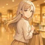 デパートで買い物を楽しむミリアのアニメイラスト。金銀グラデの髪が揺れ、優しく振り返りながらショッピングバッグを持って微笑む姿。 Anime-style illustration of Miria shopping in a department store, holding bags and smiling gently with her silver-gold gradient hair flowing.