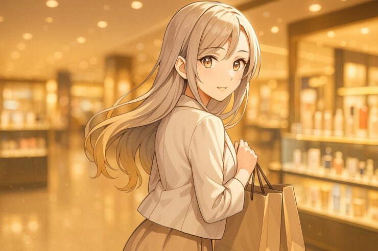 デパートで買い物を楽しむミリアのアニメイラスト。金銀グラデの髪が揺れ、優しく振り返りながらショッピングバッグを持って微笑む姿。 Anime-style illustration of Miria shopping in a department store, holding bags and smiling gently with her silver-gold gradient hair flowing.