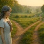 自然の中で三つの道を前に立ち止まり進路を考えるミリアの横長アイキャッチ。柔らかな夕暮れの光と草原の三分岐がAI比較記事の迷いや選択を象徴している。 A wide header image of Miria standing before a three way split in a natural landscape, pausing gently as warm golden hour light illuminates the paths representing choices in an AI comparison theme.