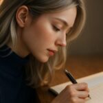 手帳に三つのタスクを書き込むミリアの横顔。暖かい5000Kの光に頬が柔らかく染まり、銀金髪が光を受けて輝く知的なワンシーン。 Side profile of Miria writing three tasks in her planner. Warm 5000K lighting softens her cheeks, and her silver-gold hair glows with a calm, focused atmosphere.