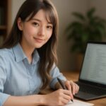 薄いブルーのシャツを着たミリアが、銀と金のグラデーションヘアを柔らかく揺らしながら、デスクでアウトライナーを使って思考を整理しているシーン。ノートパソコンとメモを前に、優しく微笑む姿が知的な雰囲気を演出している。 Miria, wearing a pale blue shirt and soft silver-gold gradient hair, works at a wooden desk while organizing her thoughts with an outliner. She smiles gently beside an open laptop and a notebook, creating a calm and intelligent atmosphere.