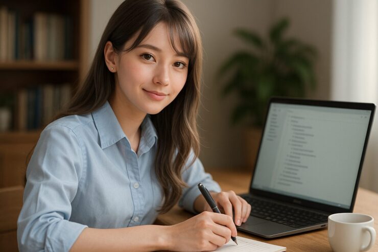 薄いブルーのシャツを着たミリアが、銀と金のグラデーションヘアを柔らかく揺らしながら、デスクでアウトライナーを使って思考を整理しているシーン。ノートパソコンとメモを前に、優しく微笑む姿が知的な雰囲気を演出している。 Miria, wearing a pale blue shirt and soft silver-gold gradient hair, works at a wooden desk while organizing her thoughts with an outliner. She smiles gently beside an open laptop and a notebook, creating a calm and intelligent atmosphere.