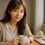 朝の自然光に包まれたデスクで、白シャツとベージュのカーディガンを着たミリアがコーヒーを手に優しく微笑む姿。集中前の穏やかな時間を描いたアイキャッチ。 Miria sits at a wooden desk in soft morning daylight, holding a coffee mug and smiling gently in a white shirt and beige cardigan. A calm, focused moment before starting work.