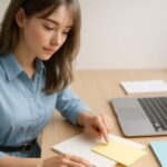 整えられたデスクの前で、ライトブルーのシャツワンピースを着た若い女性がフォルダを指先でクリックしようとしている場面。ノートPCや色分けされたフォルダが並び、柔らかい光に包まれた知的で落ち着いた雰囲気のポートレート。 A young woman in a light blue shirt dress sits at an organized desk, reaching out with her fingertip to click a pastel folder. A laptop and neatly arranged color-coded files create a calm and intelligent atmosphere under soft natural lighting.