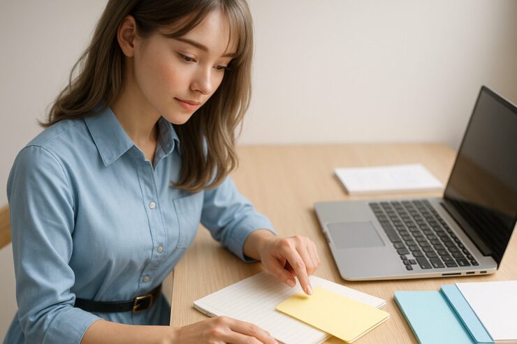 整えられたデスクの前で、ライトブルーのシャツワンピースを着た若い女性がフォルダを指先でクリックしようとしている場面。ノートPCや色分けされたフォルダが並び、柔らかい光に包まれた知的で落ち着いた雰囲気のポートレート。 A young woman in a light blue shirt dress sits at an organized desk, reaching out with her fingertip to click a pastel folder. A laptop and neatly arranged color-coded files create a calm and intelligent atmosphere under soft natural lighting.