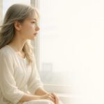 室内の柔らかい光に包まれた若い女性が正面を向いて微笑むポートレート写真。透明感のある白い肌と整った輪郭が印象的で、髪は肩にかかる自然なスタイル。落ち着いた背景と穏やかな表情が温かい雰囲気を与える。 A young woman with fair, translucent skin stands in soft indoor light, facing the camera with a gentle expression. Her natural shoulder-length hair frames her face, and the calm background enhances the warm and serene atmosphere.