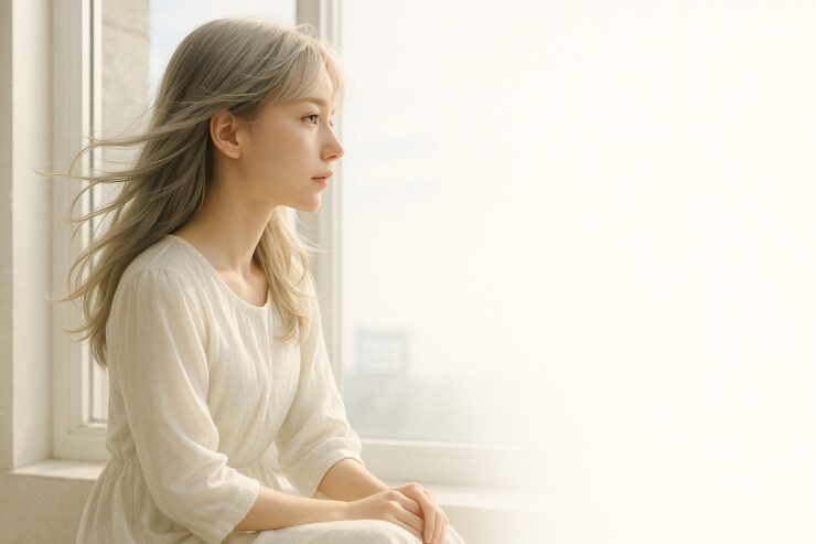 室内の柔らかい光に包まれた若い女性が正面を向いて微笑むポートレート写真。透明感のある白い肌と整った輪郭が印象的で、髪は肩にかかる自然なスタイル。落ち着いた背景と穏やかな表情が温かい雰囲気を与える。 A young woman with fair, translucent skin stands in soft indoor light, facing the camera with a gentle expression. Her natural shoulder-length hair frames her face, and the calm background enhances the warm and serene atmosphere.