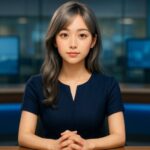 若い女性アナウンサーがニューススタジオでカメラを見つめながら落ち着いた表情で座っている。シルバーゴールドの髪、自然なメイク、紺色のドレスが知的な雰囲気を作り、背景にはぼかされたニュースモニターが映っている。 A young female news anchor sits confidently at a modern newsroom desk, looking into the camera with a calm expression. Her silver-gold hair, natural makeup, and navy dress create an intelligent presence, with softly blurred monitors glowing in the background.