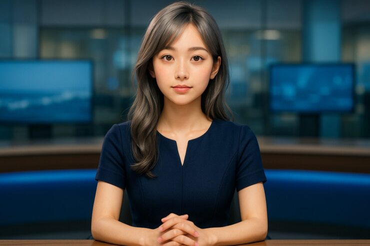 若い女性アナウンサーがニューススタジオでカメラを見つめながら落ち着いた表情で座っている。シルバーゴールドの髪、自然なメイク、紺色のドレスが知的な雰囲気を作り、背景にはぼかされたニュースモニターが映っている。 A young female news anchor sits confidently at a modern newsroom desk, looking into the camera with a calm expression. Her silver-gold hair, natural makeup, and navy dress create an intelligent presence, with softly blurred monitors glowing in the background.