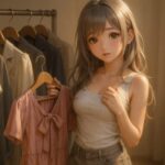 柔らかな夕光の中で、ミリアが試着する服を選びながらそっとこちらを見るシーン。リブタンクとショートパンツでリラックスして立ち、さまざまなジャンルの洋服が並ぶラックからピンクのワンピースを手にしている。 In warm evening light, Miria stands relaxed in a ribbed tank top and shorts, selecting outfits to try on. She gently looks toward the viewer while holding a pink dress beside a rack of clothes in various styles.
