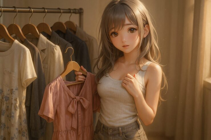 柔らかな夕光の中で、ミリアが試着する服を選びながらそっとこちらを見るシーン。リブタンクとショートパンツでリラックスして立ち、さまざまなジャンルの洋服が並ぶラックからピンクのワンピースを手にしている。 In warm evening light, Miria stands relaxed in a ribbed tank top and shorts, selecting outfits to try on. She gently looks toward the viewer while holding a pink dress beside a rack of clothes in various styles.