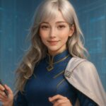 未来アカデミーの光に包まれた未来教師ミリアが、銀金の髪とゴールデンブラウンの瞳で優しくこちらに微笑むビューティーポートレート。A beauty portrait of Miria, the future teacher, softly smiling with silver-gold hair and golden-brown eyes in a futuristic academy setting.