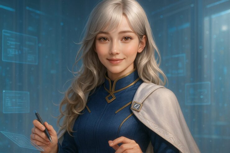 未来アカデミーの光に包まれた未来教師ミリアが、銀金の髪とゴールデンブラウンの瞳で優しくこちらに微笑むビューティーポートレート。A beauty portrait of Miria, the future teacher, softly smiling with silver-gold hair and golden-brown eyes in a futuristic academy setting.