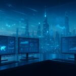 近未来の都市景観を背景にしたハイテクワークスペースの画像。複数のモニターと青い光が広がり、AIやデジタルテクノロジーの世界観を表現している。 A futuristic workspace overlooking a glowing high tech cityscape with multiple monitors and blue ambient light, representing an advanced AI and digital technology environment.