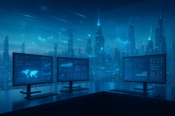 近未来の都市景観を背景にしたハイテクワークスペースの画像。複数のモニターと青い光が広がり、AIやデジタルテクノロジーの世界観を表現している。 A futuristic workspace overlooking a glowing high tech cityscape with multiple monitors and blue ambient light, representing an advanced AI and digital technology environment.