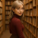 書店でワインレッドのタートルネックニットとフレアスカートを着た眼鏡の女性が、振り返って穏やかに微笑む横長ビジュアル A woman wearing glasses in a wine red turtleneck knit and flare skirt smiles softly while turning back during a quiet bookstore date scene