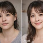 ChatGPT Imagesで生成した、日本人女性のビフォーアフター比較イメージ。左は自然な日常的表情、右は光と印象が少し整った状態を並べて表示している。 Before-and-after comparison image generated with ChatGPT Images, showing the same Japanese woman with subtle changes in lighting, expression, and overall impression.