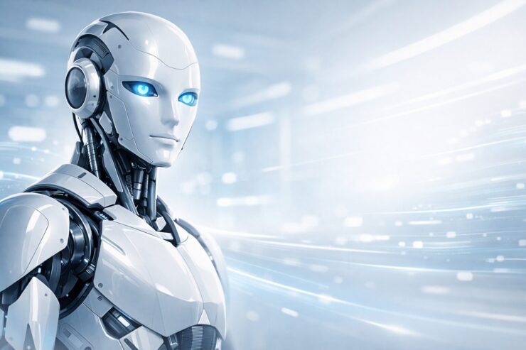 高速・軽量AIを象徴する、スマートで高性能なヒューマノイドロボットのビジュアル。Gemini 3 Flashのスピードと知性を表現した横長アイキャッチ画像。 A wide visual of a smart, high-performance humanoid robot representing fast and lightweight AI, symbolizing the speed and intelligence of Gemini 3 Flash.