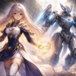 魔法を展開しながら前進するミリアと 高性能守護兵器ロボが並走する 横長シネマティック構図のファンタジーSFイラスト Miria advancing while casting protective magic alongside a high-performance guardian weapon robot in a cinematic wide fantasy sci-fi composition