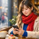 冬のカフェで休憩しながらスマホを見るミリアの横長ポートレート、鮮やかな赤マフラーと青いニット、窓際のラテとイチゴケーキ Young woman Miria taking a break at a winter cafe, looking at her smartphone by the window with a latte and strawberry shortcake, vivid red scarf and blue knit sweater