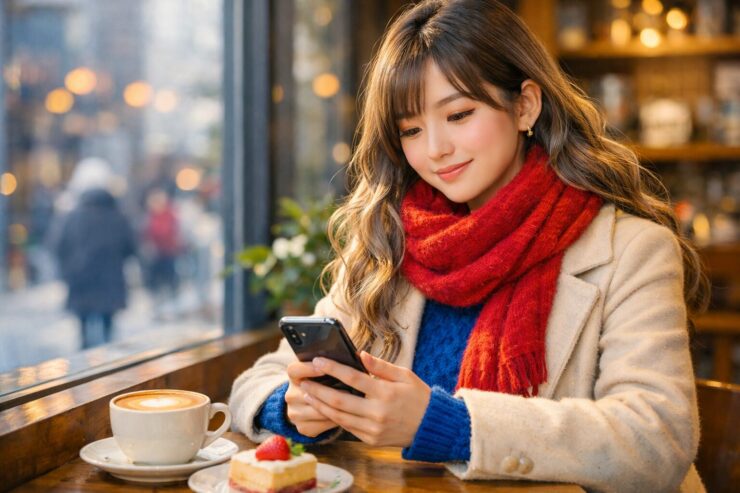 冬のカフェで休憩しながらスマホを見るミリアの横長ポートレート、鮮やかな赤マフラーと青いニット、窓際のラテとイチゴケーキ Young woman Miria taking a break at a winter cafe, looking at her smartphone by the window with a latte and strawberry shortcake, vivid red scarf and blue knit sweater