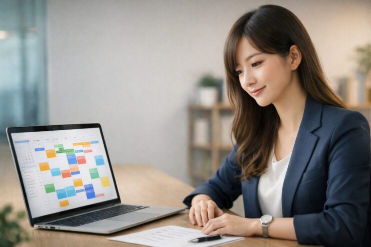 Googleカレンダー風のカラフルな予定表をノートPCで確認しながら、ネイビージャケット姿の若い東アジア系女性がデスクで穏やかにスケジュールを立てている写真。A young East Asian woman in a navy blazer calmly plans her schedule at a light wooden desk while viewing a color-coded Google Calendar–style planner on her laptop.
