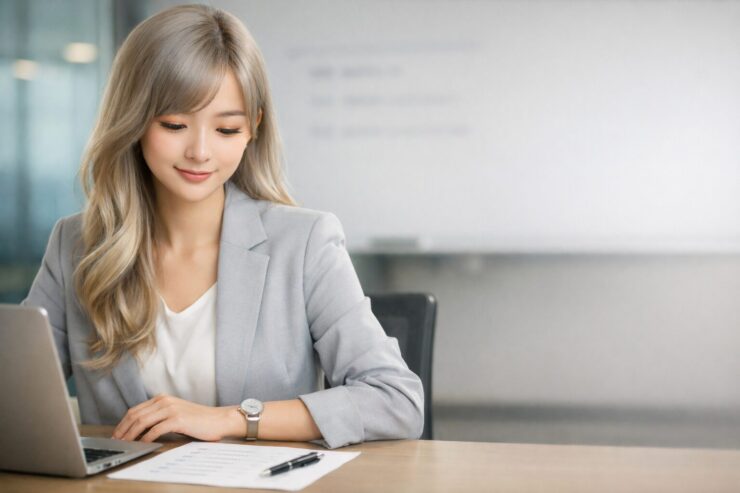 会議前日にアジェンダを確認するシルバーゴールドの髪の若い女性ビジネスパーソンが、ノートPCと資料の前で落ち着いて微笑んでいる写真。Shortening meeting time with a young East Asian businesswoman reviewing a printed agenda and laptop at a modern conference table.