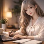 自宅のワークスペースでノートパソコンを使いながら仕事をする、白いブラウス姿の若い秘書ミリア。柔らかな照明の中、ペンを持ってメモを取り、穏やかな表情でこちらを見るリアルポートレート。 A realistic portrait of a young secretary named Miria working at her laptop in a home office, wearing a white blouse, holding a pen and taking notes, softly lit with a calm and gentle expression.