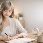 時間の使い方を見直すように、シルバーゴールドの長い髪の若い女性が明るい木のデスクでノートにペンを書き込み、横に時計と本とマグカップが並ぶ落ち着いたホームオフィスの写真。 A young East Asian woman with long silver-gold hair writes in a notebook at a light wooden desk, with a small clock, books, and a mug beside her in a warm home office, symbolizing shifting time from spending to investing.