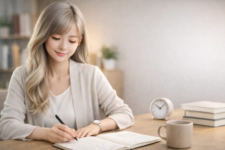 時間の使い方を見直すように、シルバーゴールドの長い髪の若い女性が明るい木のデスクでノートにペンを書き込み、横に時計と本とマグカップが並ぶ落ち着いたホームオフィスの写真。 A young East Asian woman with long silver-gold hair writes in a notebook at a light wooden desk, with a small clock, books, and a mug beside her in a warm home office, symbolizing shifting time from spending to investing.